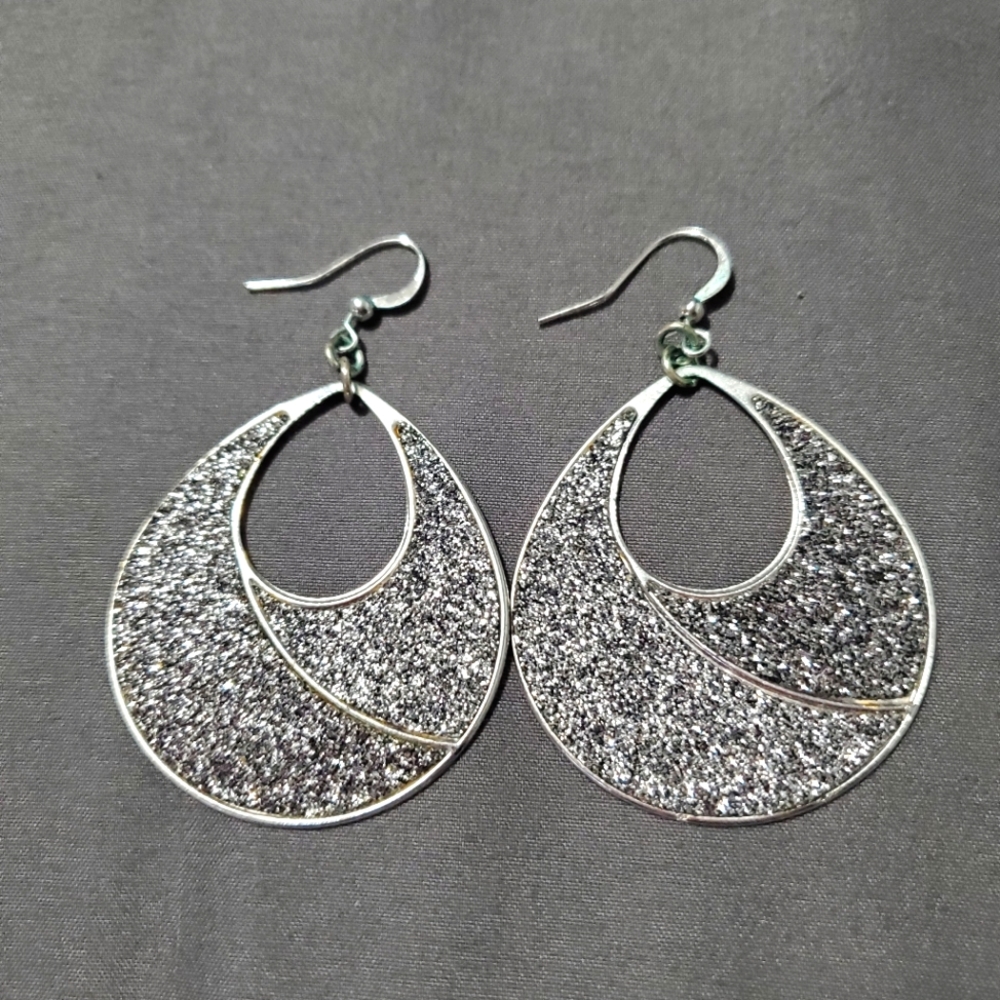2 Tone Silver, Glitter Statement Earrings